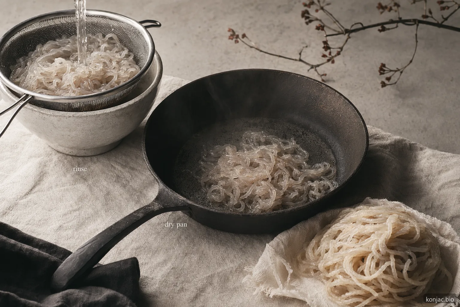 la cottura della pasta con farina di konjac migliora la texture quando i noodle vengono risciacquati, riscaldati in padella a secco e poi conditi leggermente