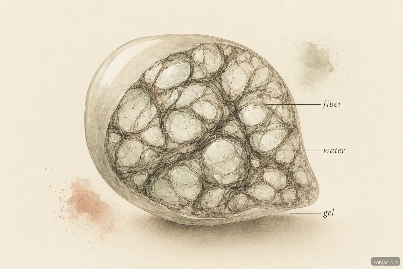 negli alimenti a base di konjac, la rete gelificata della polvere di glucomannan intrappola l’acqua mentre la fibra solubile si idrata e crea una consistenza alimentare densa