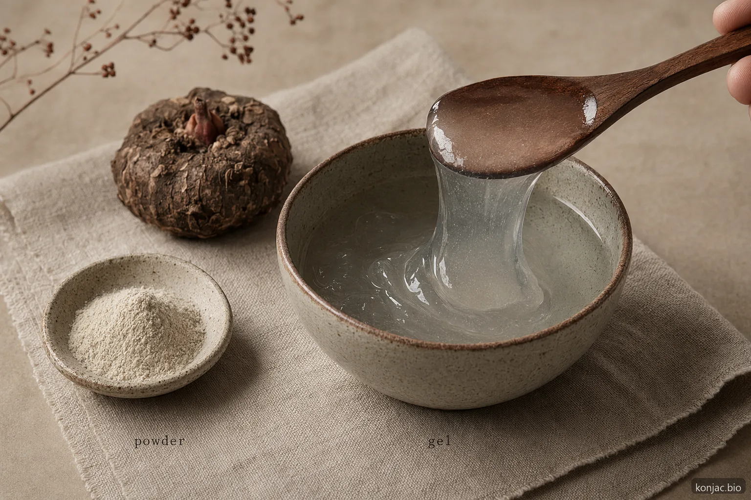Natura morta sull’idratazione e sui benefici della polvere di konjac: la polvere secca forma un gel lucido che lega l’acqua e addensa gli alimenti.