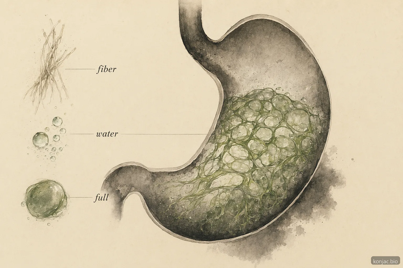Grafica dello stomaco sui benefici della polvere di konjac: la fibra glucomannan si idrata formando un gel che supporta la sazietà.