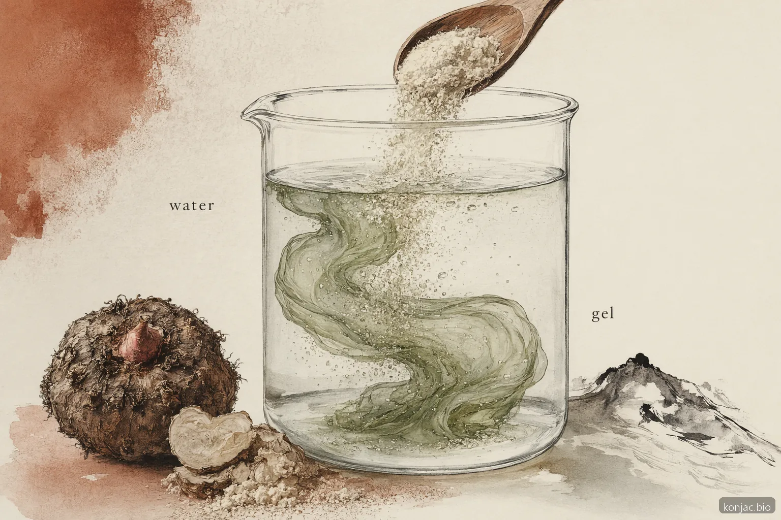 la polvere di konjac si idrata legando l'acqua in una fitta rete gelificata che sviluppa viscosità nelle formulazioni alimentari