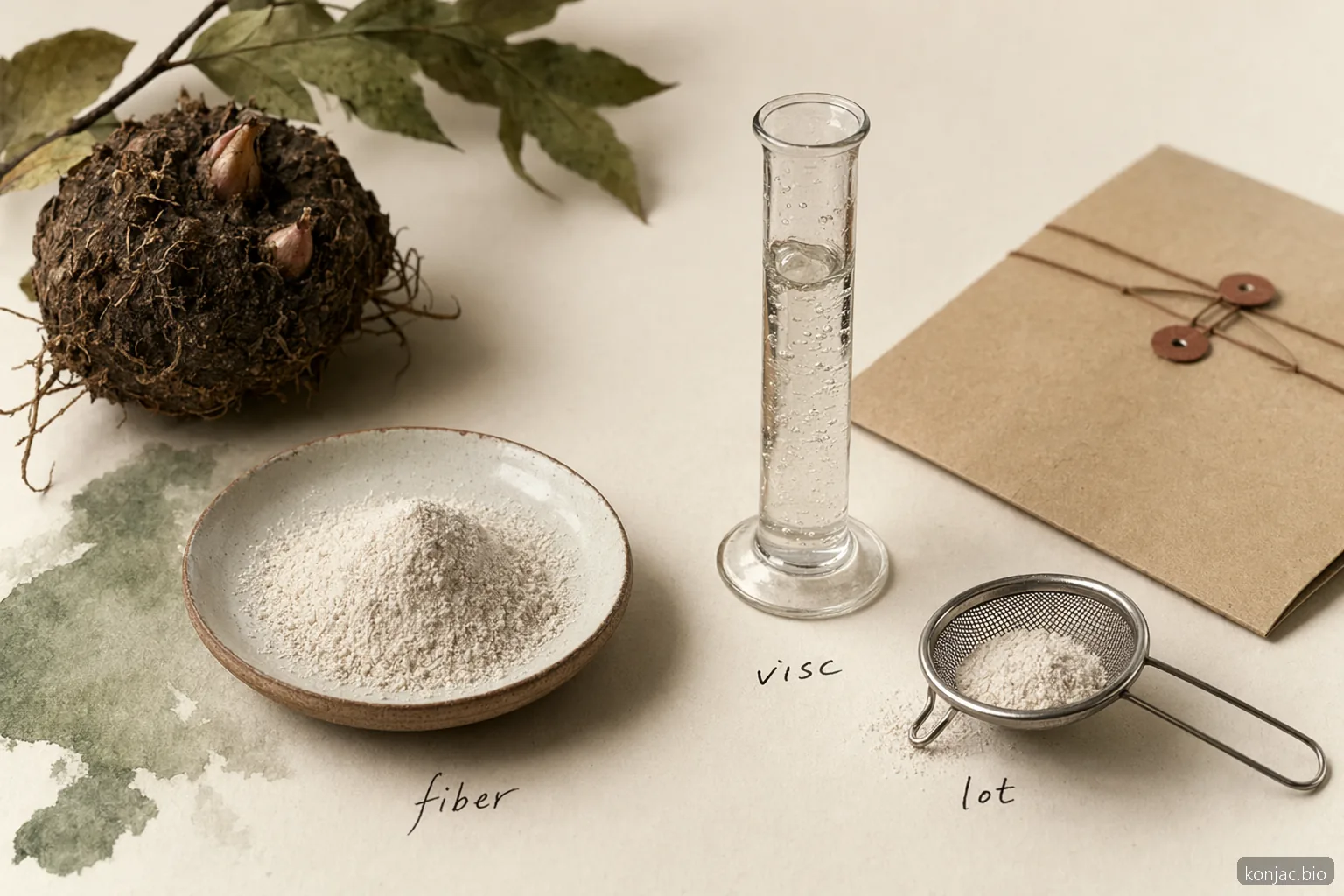 le specifiche qualitative della farina di konjac biologica si concentrano su fibra, viscosità, test di purezza e tracciabilità del lotto prima dell’acquisto