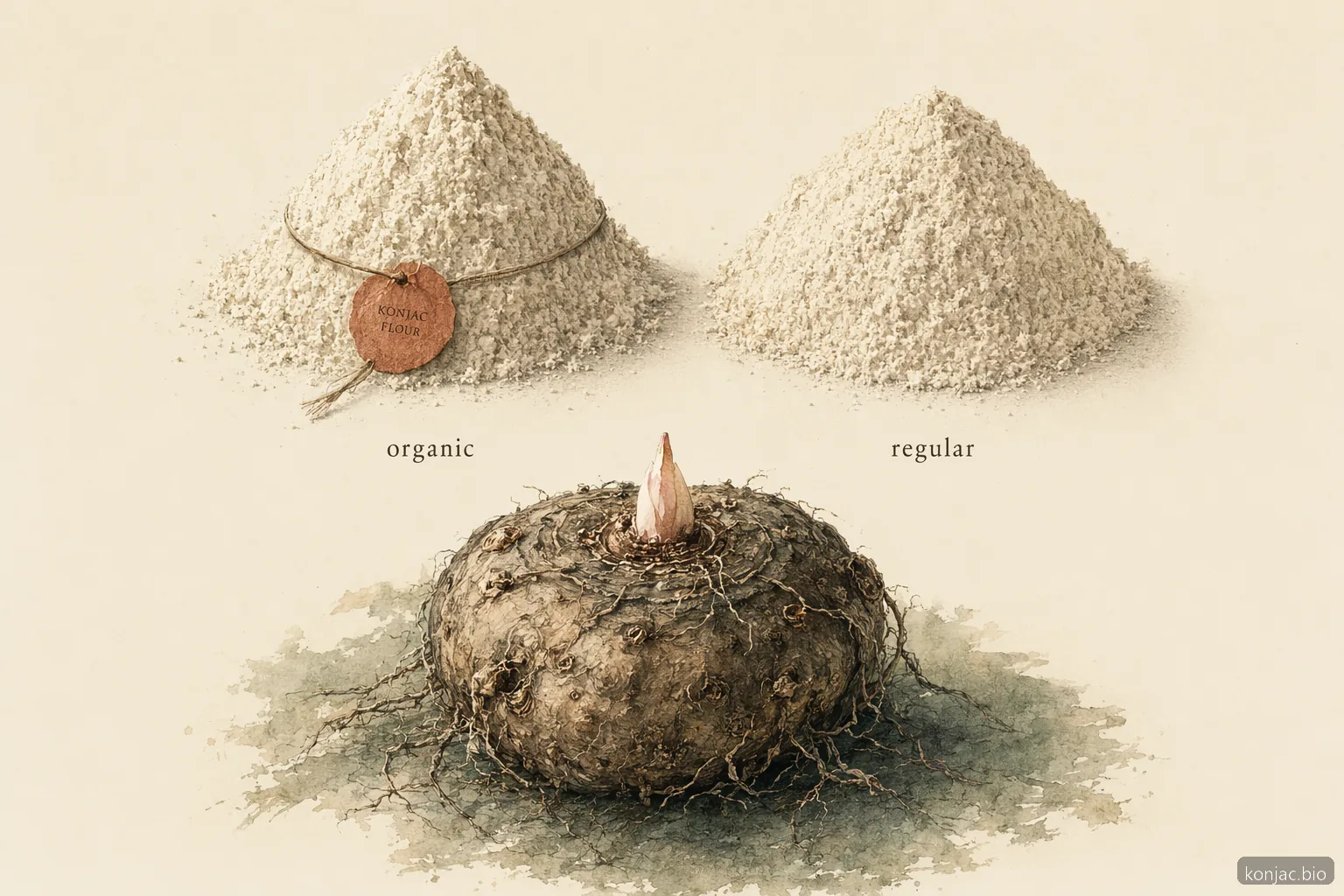 la farina di konjac biologica e la farina di konjac normale provengono dallo stesso cormo; la certificazione documenta il controllo della gestione