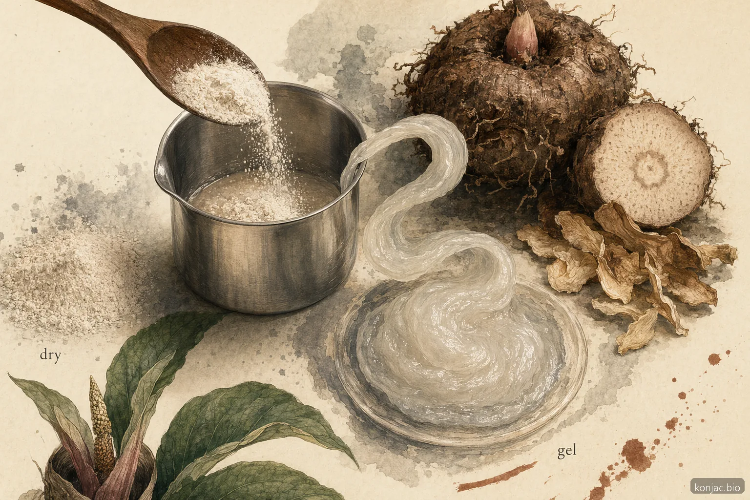l’idratazione della gomma di konjac funziona al meglio quando la polvere secca viene dispersa in un liquido in movimento prima che si rigonfi in gel
