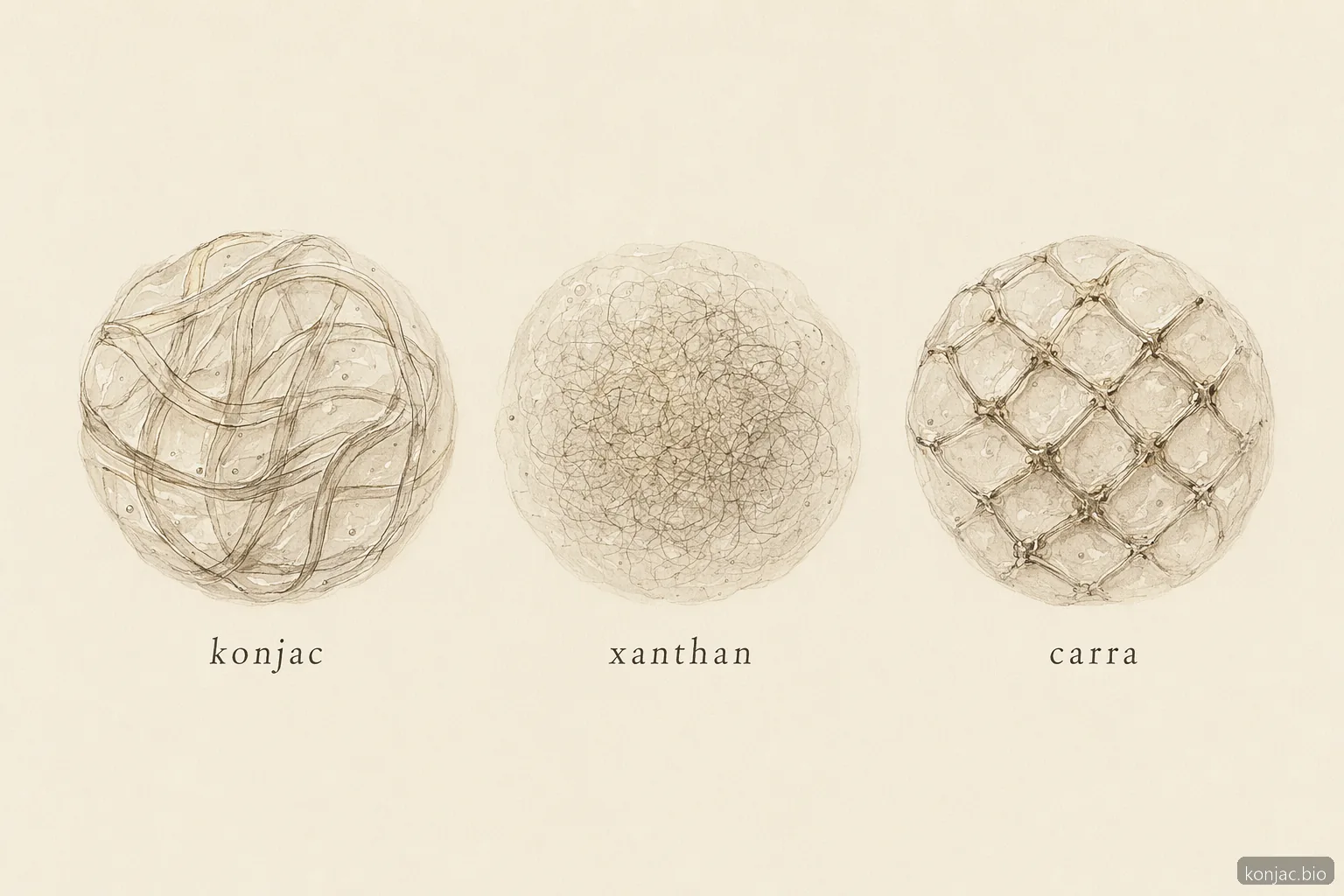la gomma di konjac forma una rete gelificata diversa da xanthan o carragenina, modificando viscosità, elasticità e morso