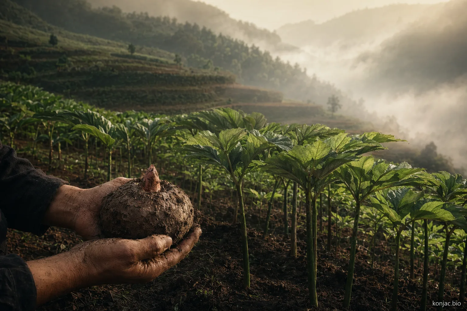 la gomma di konjac parte dai cormi di Amorphophallus konjac coltivati in campi terrazzati prima di pulizia, macinazione e raffinazione