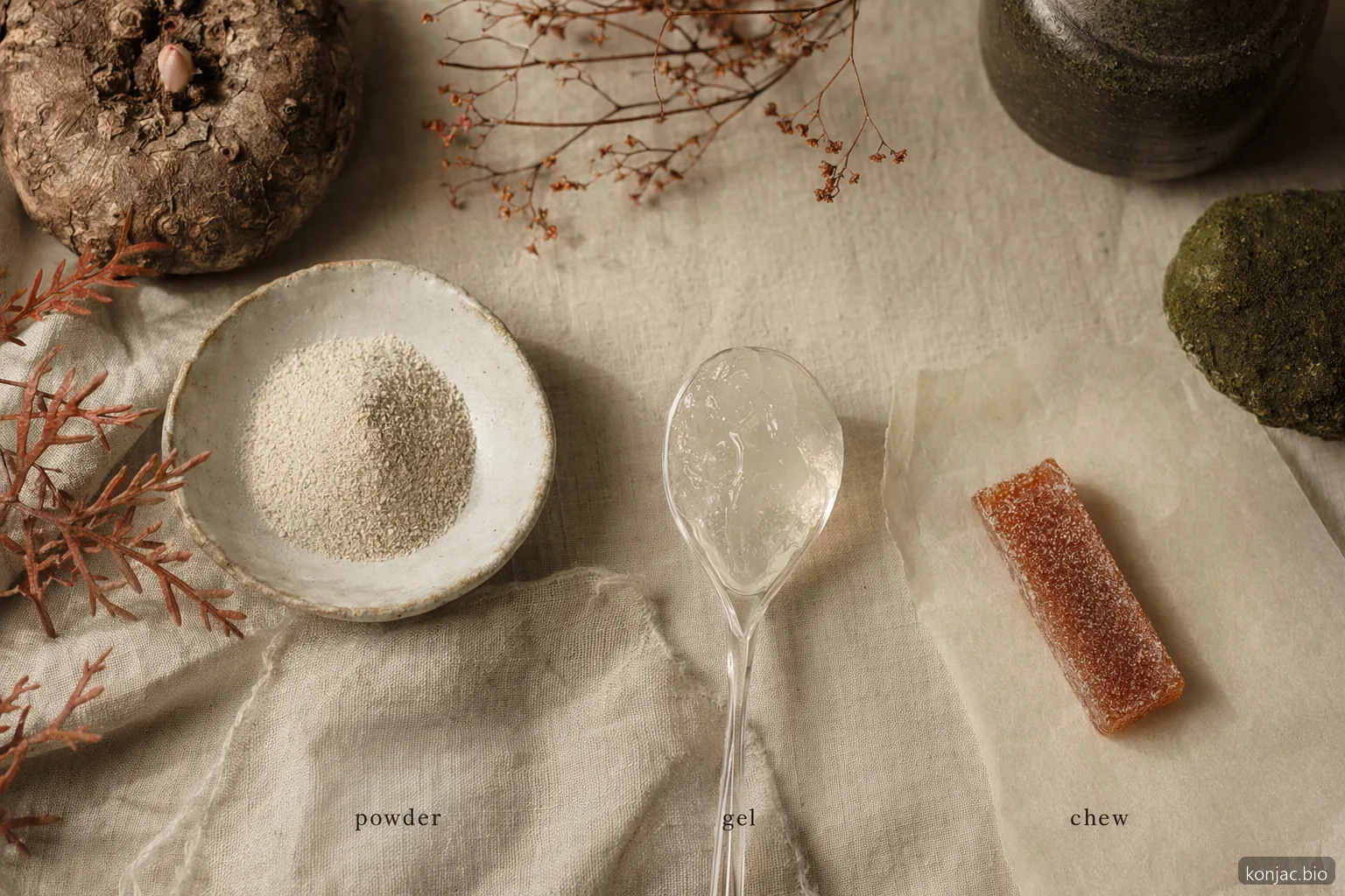 La formulazione dei gummy al konjac utilizza glucomannan secco, gel idratato e prodotto masticabile finito per controllare la texture.