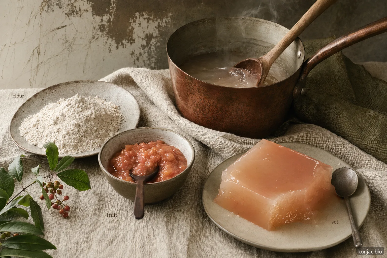 il processo della gelatina di konjac utilizza farina di konjac, aroma di frutta, calore e gelificazione per formare uno snack gel gommoso