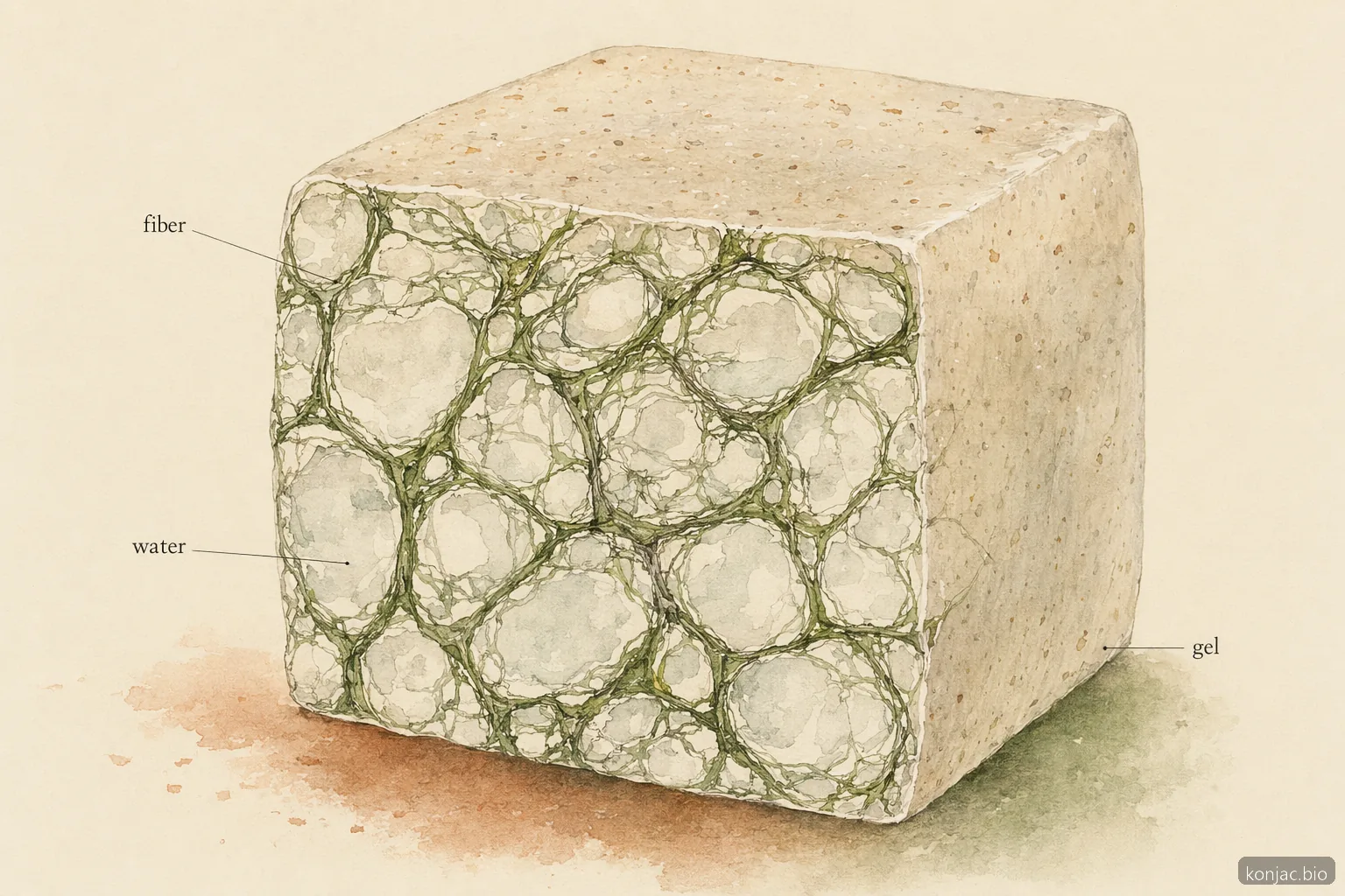 la gelatina di konjac fa bene? La rete gelificata di glucomannan mostra la fibra solubile che trattiene acqua per creare la texture della gelatina di konjac.
