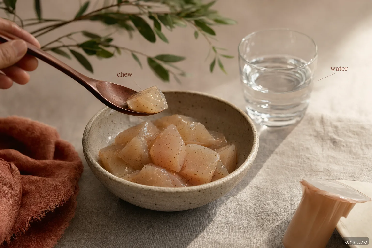 la gelatina di konjac fa bene? Pezzi di gelatina al cucchiaio con acqua mostrano che masticazione sicura e idratazione contano più dell’aspirazione.
