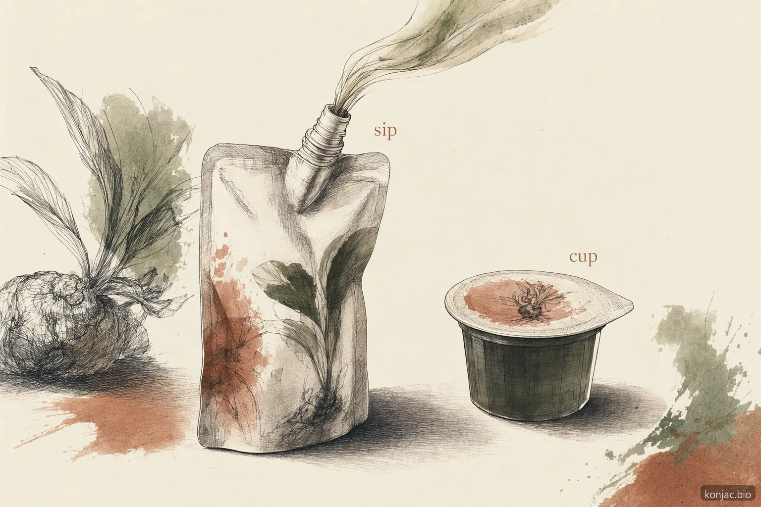 il confronto di jelly.b drinkable konjac jelly mostra il consumo dal pouch come più delicato rispetto alla deglutizione intera di una mini-cup