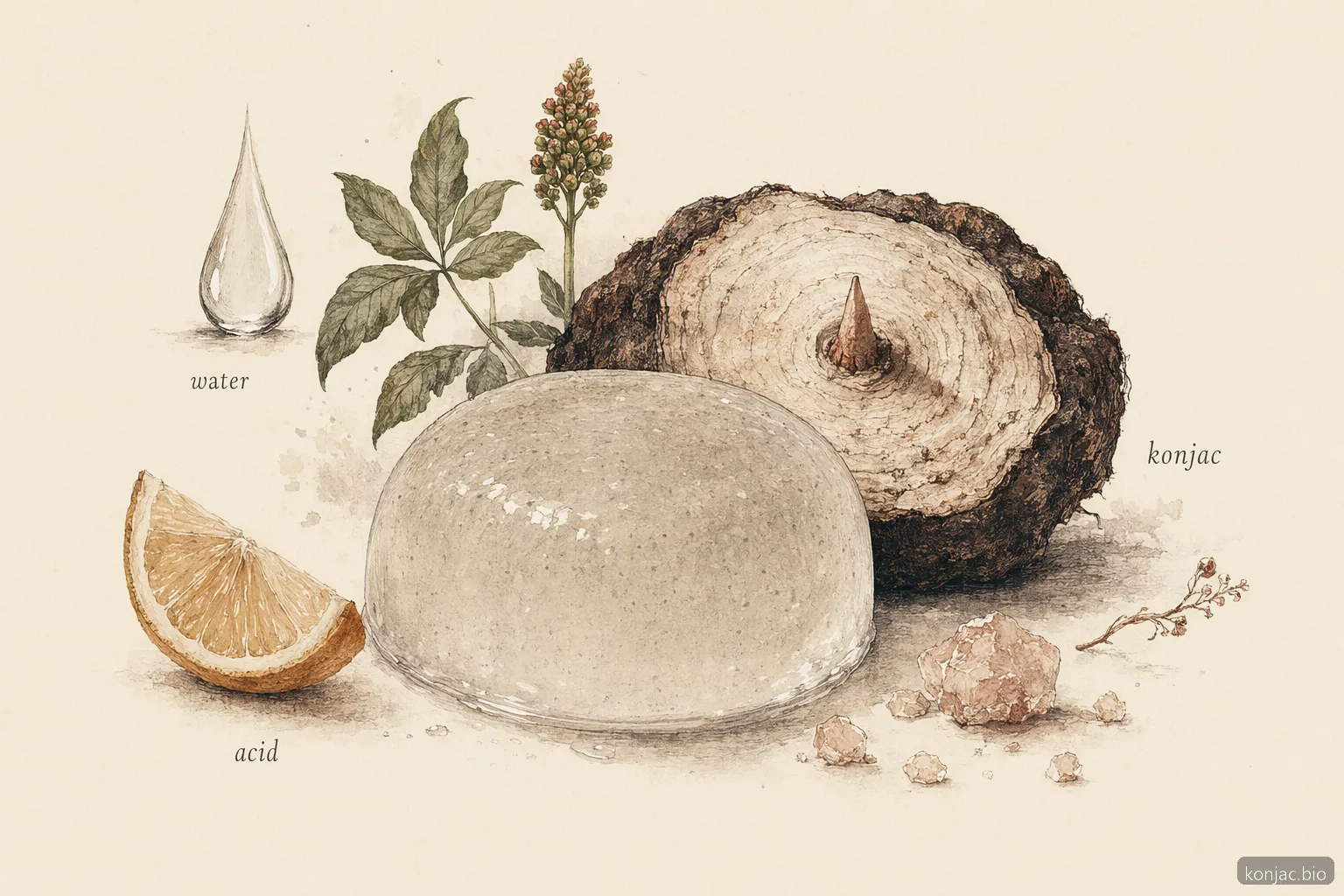 ingredienti della jelly b konjac jelly mostrati come acqua, konjac, acido e sali che formano un unico gel traslucido.