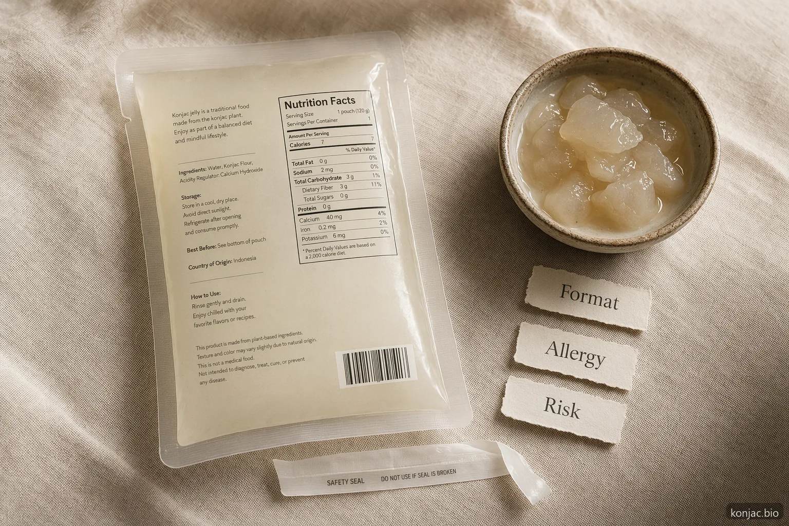 still life di etichetta “gelatina di konjac vicino a me”: controllare formato, allergeni, valori nutrizionali e avvertenze sul rischio di soffocamento