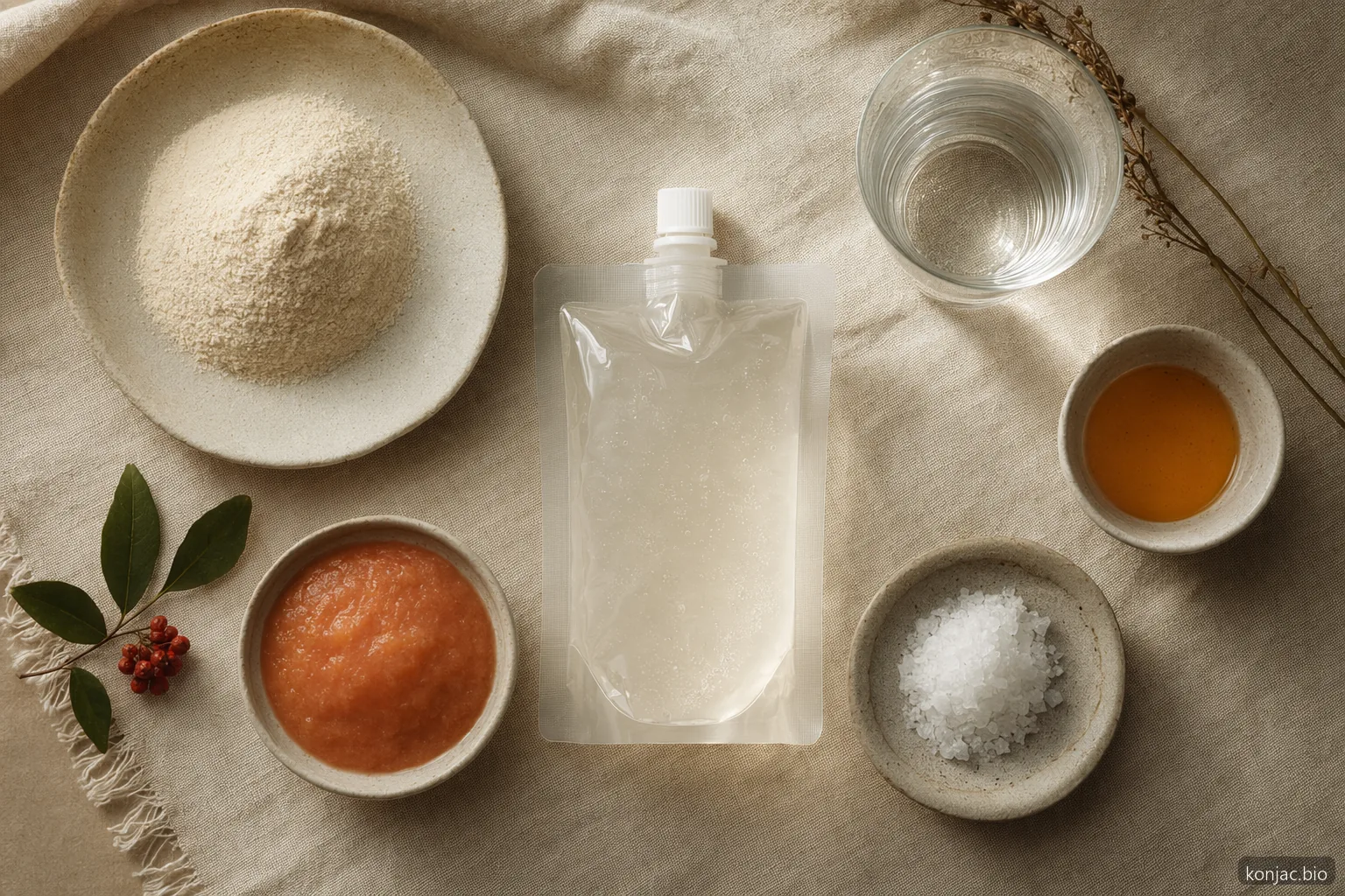 Gli ingredienti delle pouch di gelatina di konjac di solito combinano polvere di glucomannan, acqua, edulcorante, acido e frutta.