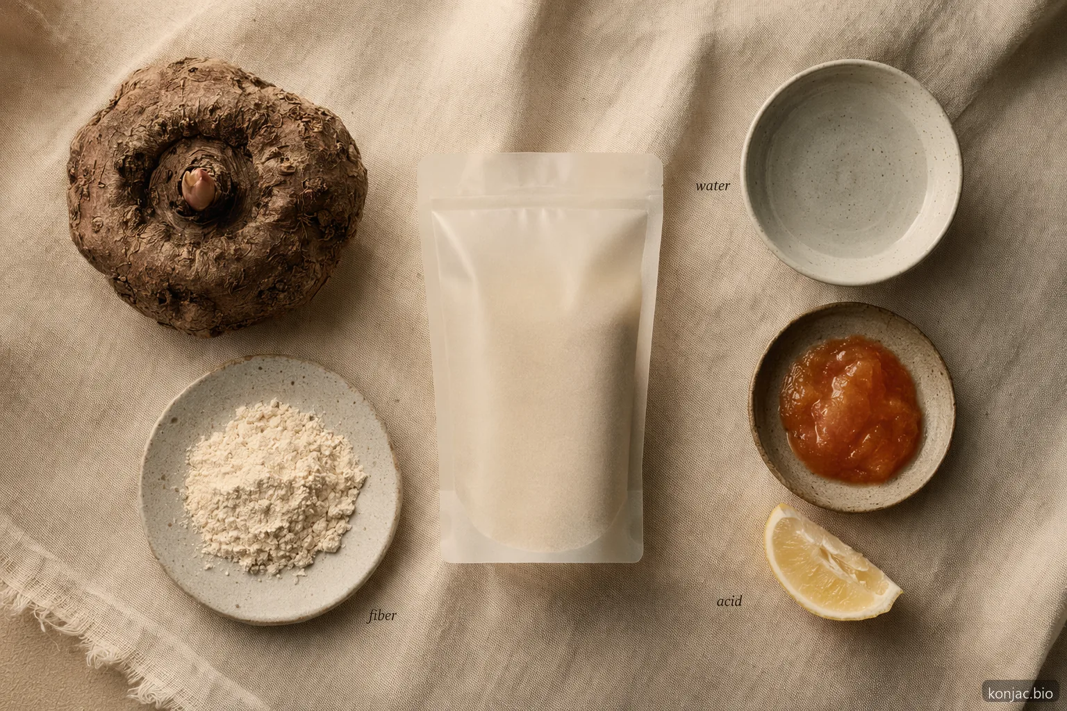 le buste di gelatina di konjac utilizzano acqua, fibra di konjac, aroma di frutta, dolcificante e acido per formare un gel spremibile