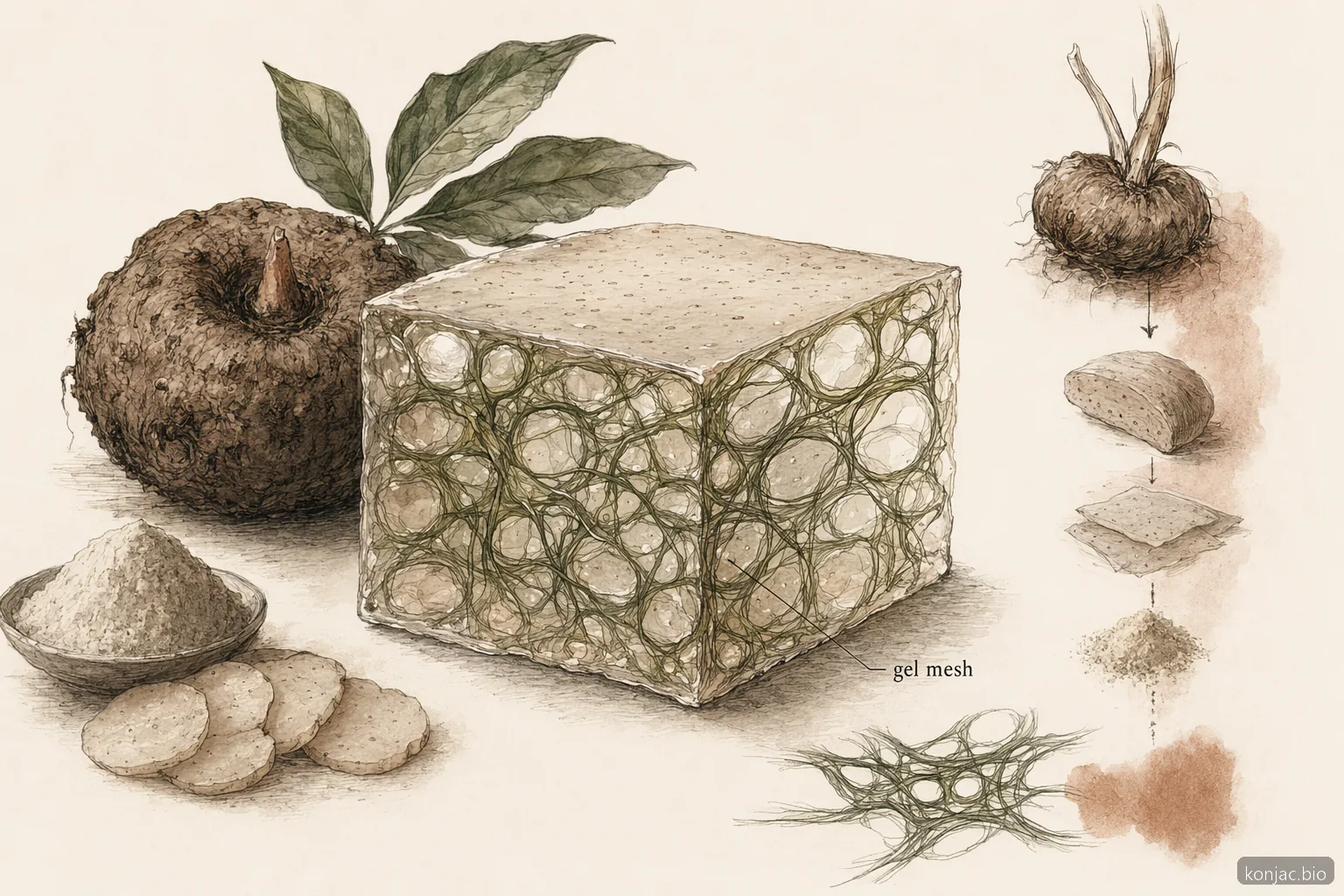 La texture dello snack di konjac jelly deriva dal glucomannan che forma una rete di gel idratata capace di trattenere acqua per la masticabilità.