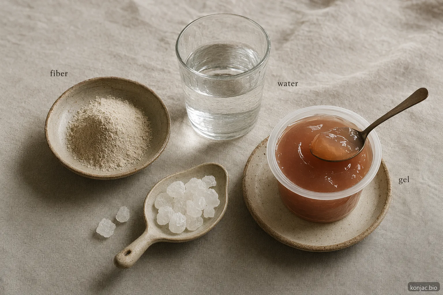 la gelatina di konjac senza zucchero parte da fibra di konjac, acqua ed edulcorante prima di stabilizzarsi in uno snack in gel morbido