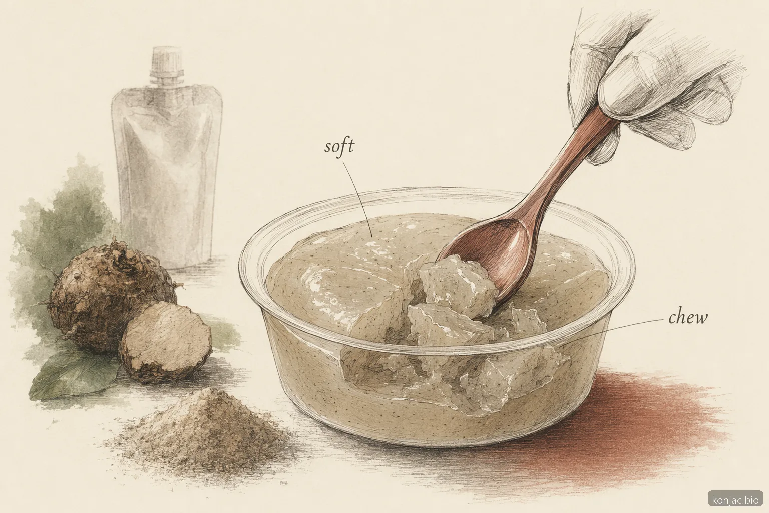 la gelatina di konjac senza zucchero è più sicura quando il gel è morbido, al cucchiaio e progettato per incoraggiare la masticazione