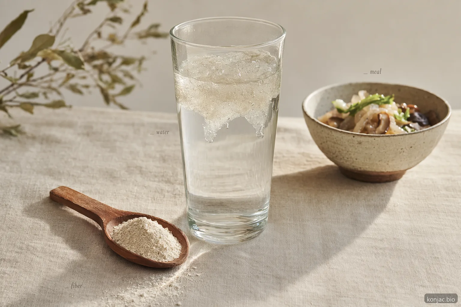 konjac per la perdita di peso funziona al meglio quando la fibra di glucomannan viene assunta con acqua prima dei pasti.
