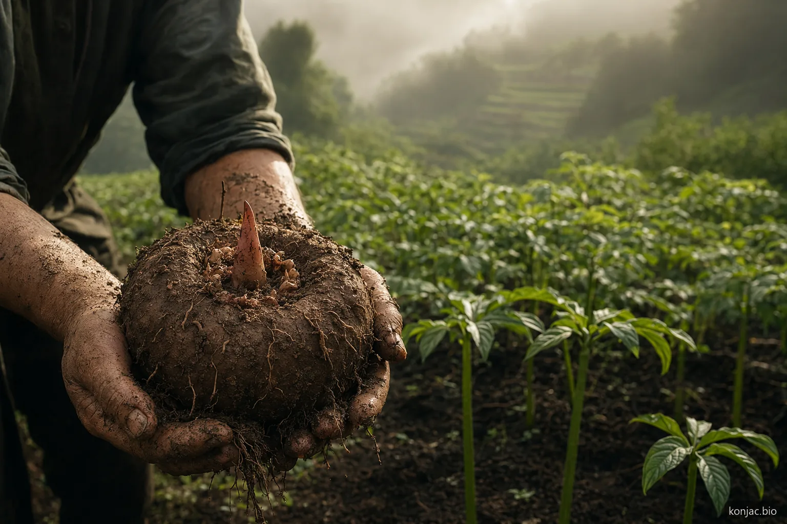 konjac per la perdita di peso inizia nei campi di cormi coltivati, dove la fibra di qualità nasce prima della lavorazione.