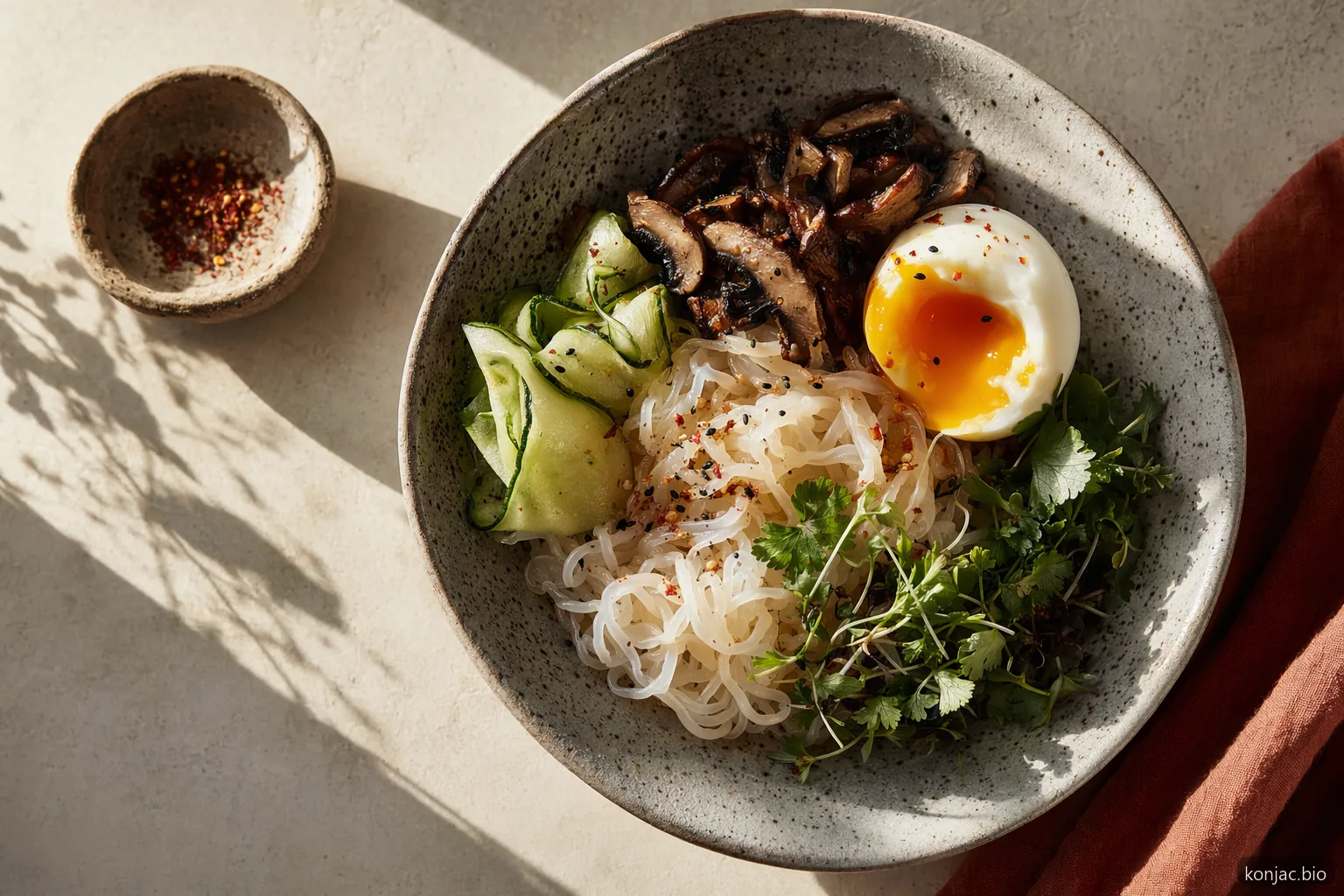 konjac per la perdita di peso può inserirsi nei pasti keto come noodles shirataki abbinati a proteine e verdure.
