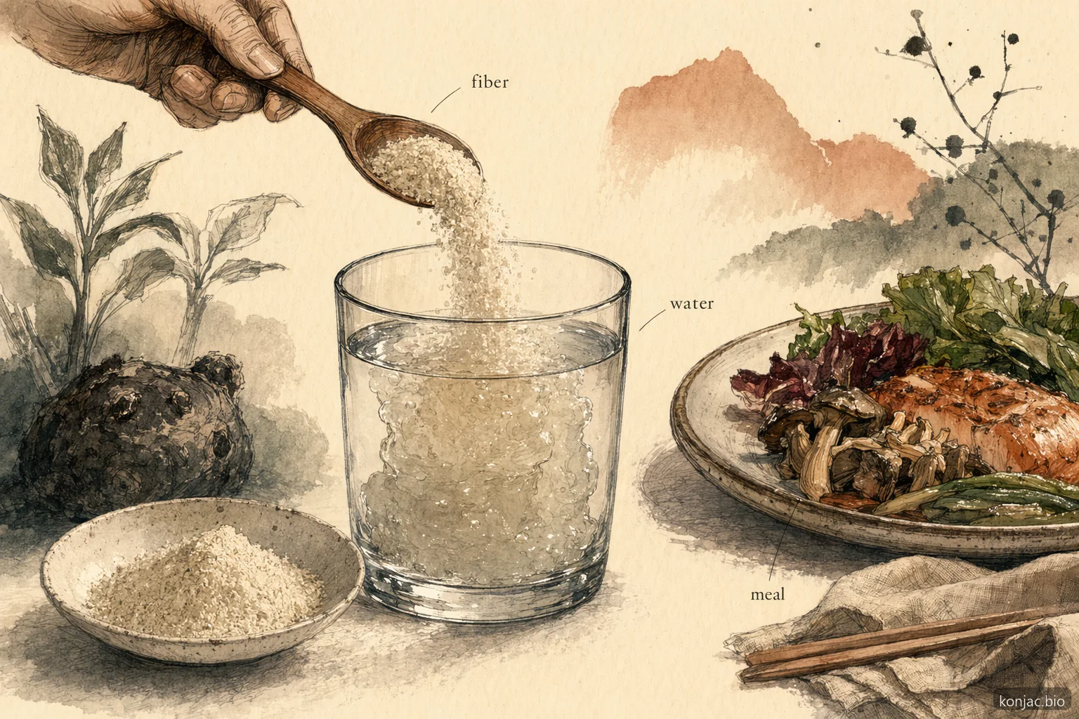 glucomannan e dimagrimento funzionano meglio quando la fibra di konjac viene miscelata con acqua prima di un pasto per aumentare la sazietà