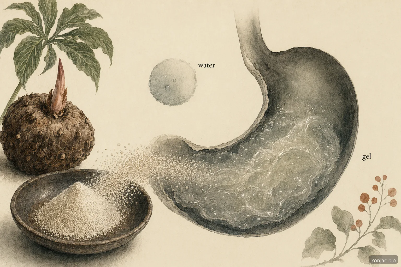 La perdita di peso con glucomannan funziona in parte perché la fibra konjac assorbe acqua e forma nello stomaco un gel che favorisce la sazietà.