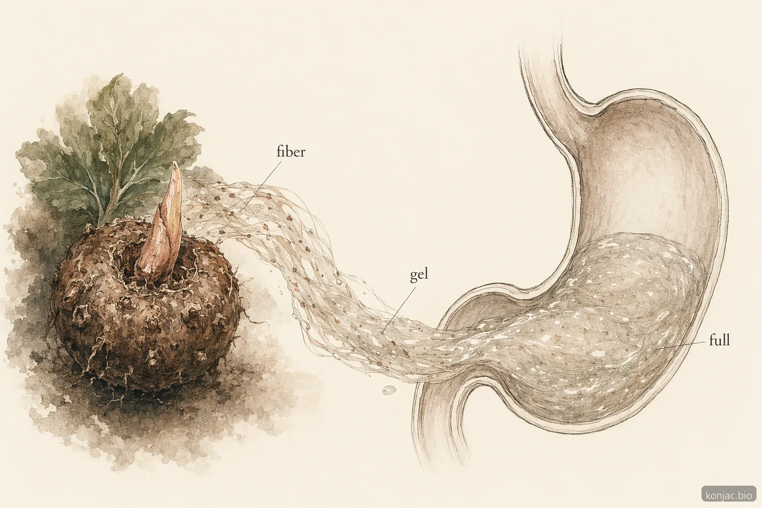 konjac e perdita di peso, il gel di glucomannan aggiunge volume nello stomaco, aiutando la sazietà prima dei pasti