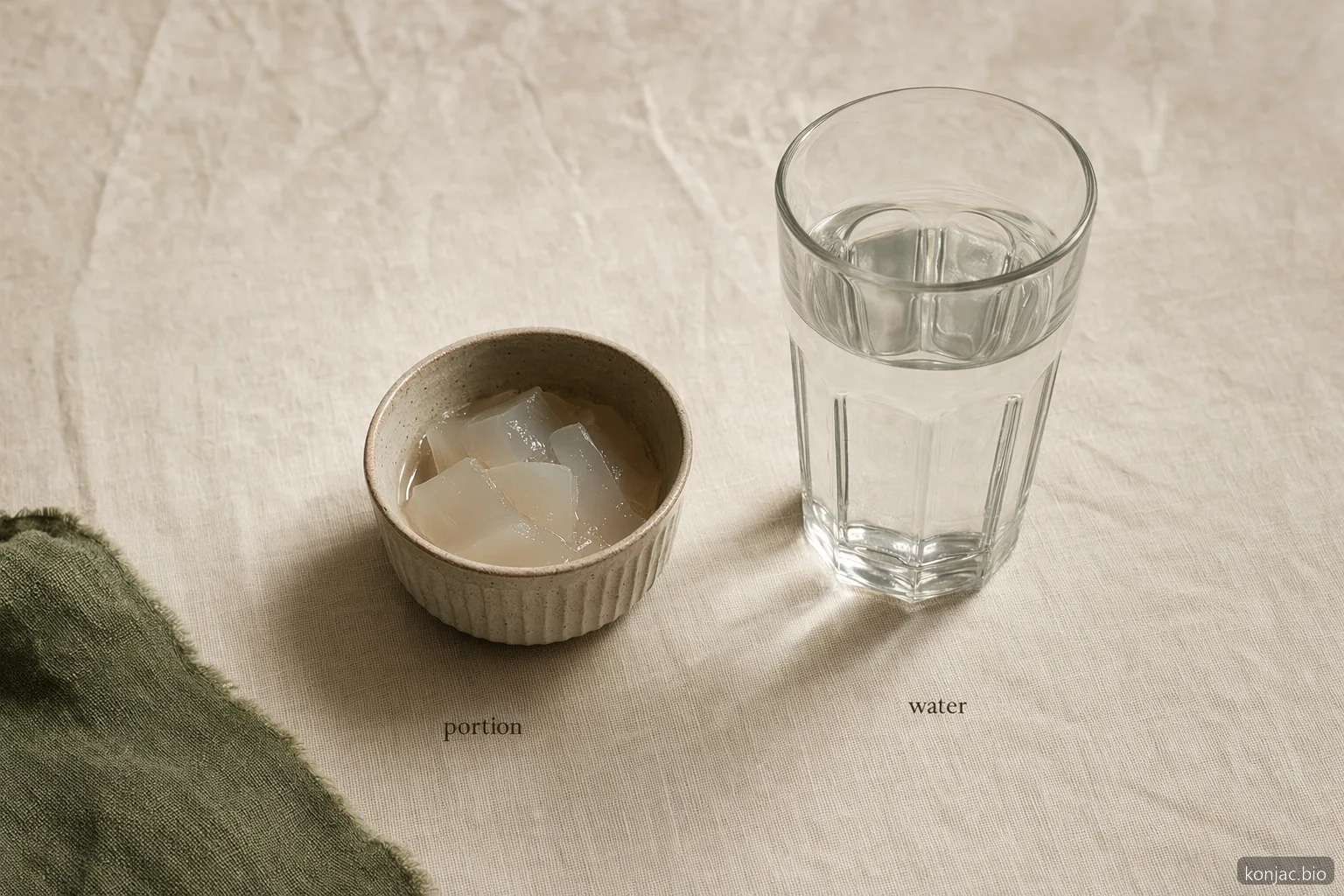 Konjac jelly per dimagrimento funziona meglio con una piccola porzione e acqua per favorire la sazietà e uno spuntino più sicuro