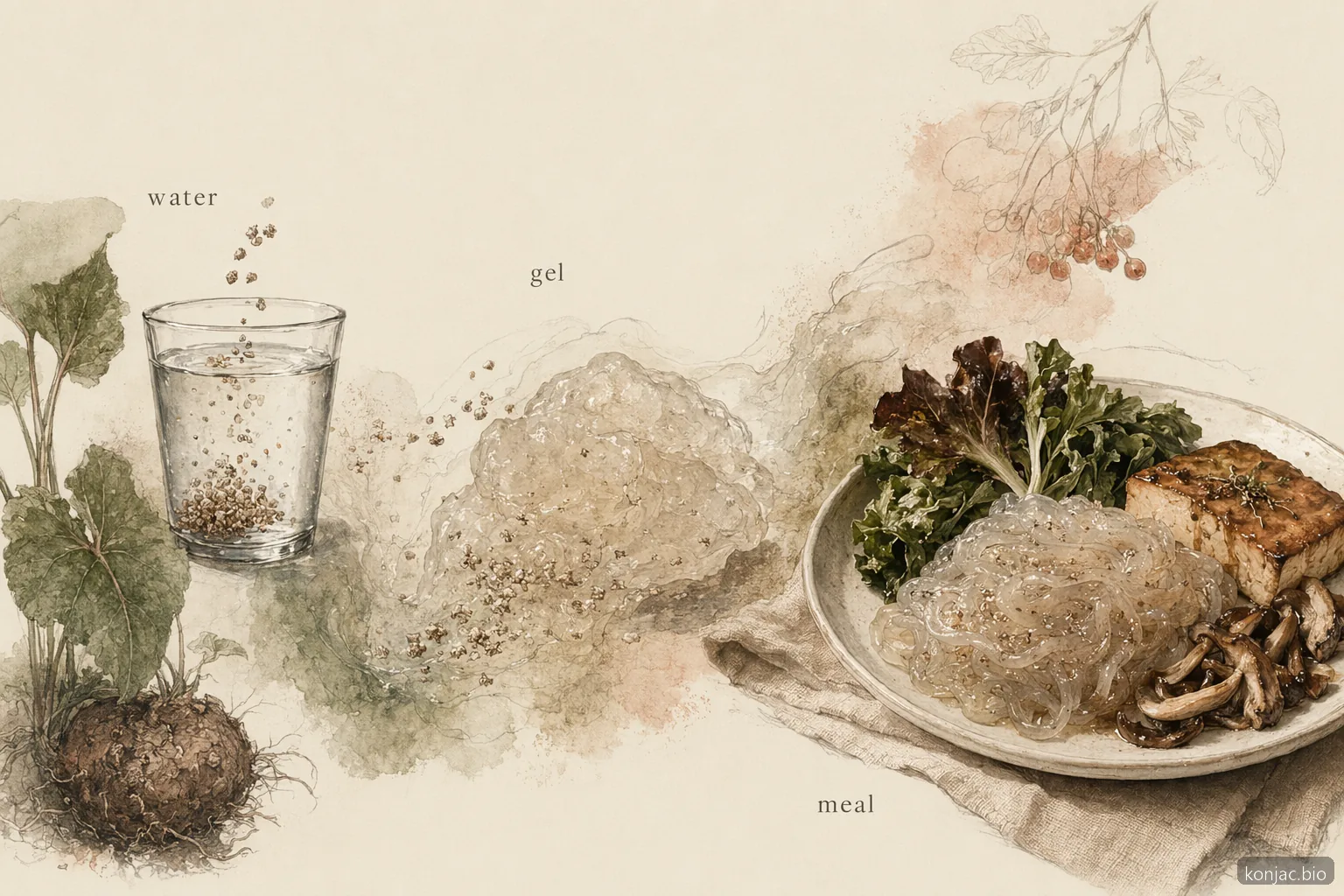 La formazione del gel per la perdita di peso con konjac mostra il rigonfiamento di glucomannan con acqua, aiutando i pasti a dare maggiore sazietà.
