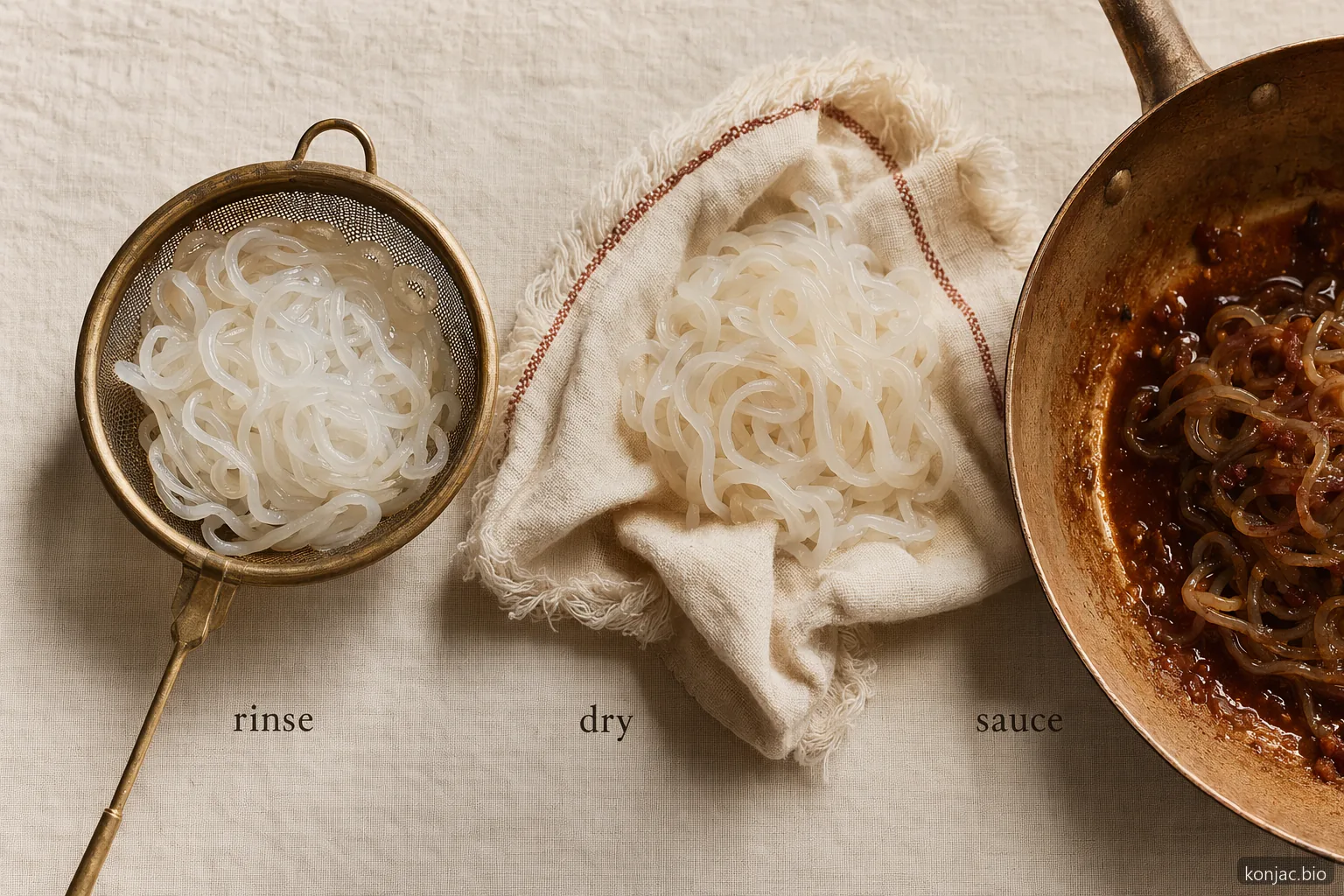 la cottura degli shirataki keto migliora quando i noodles vengono sciacquati, asciugati in padella e poi completati con la salsa