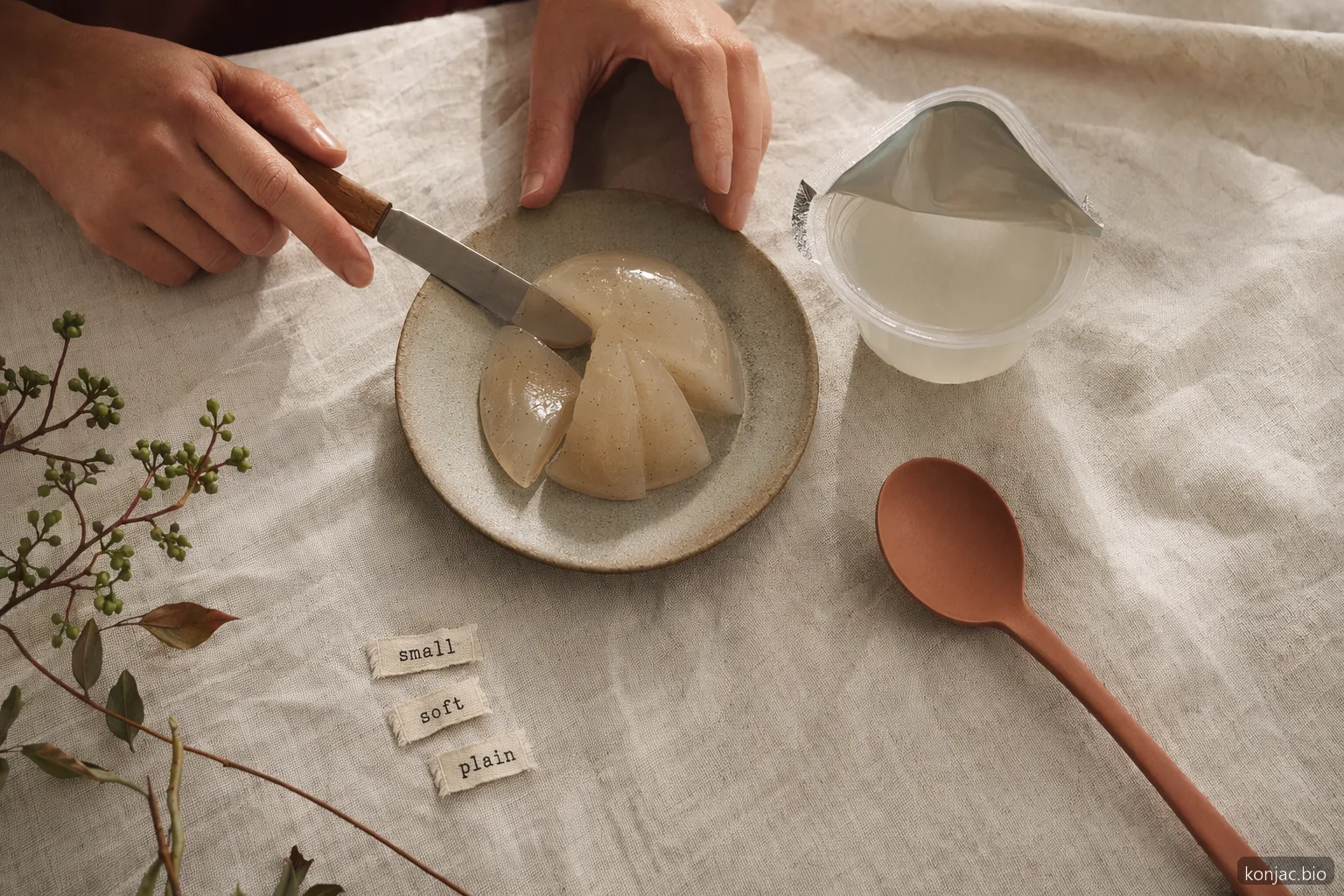 le gelatine di konjac sono più sicure se servite in piccoli pezzi consumabili al cucchiaio, con etichette di confezionamento chiare e semplici