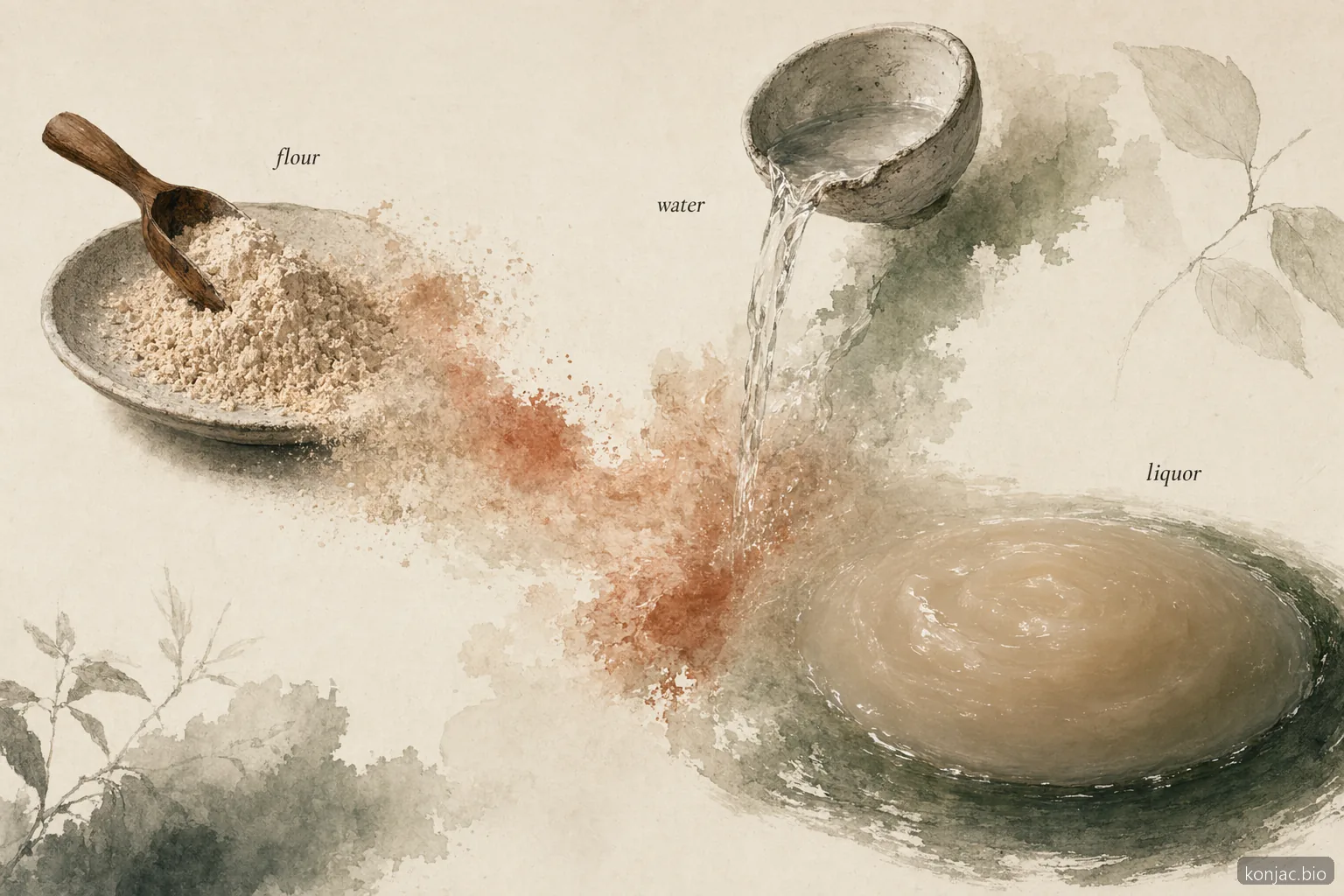 Il liquido di konjac si forma quando la farina di konjac si idrata in acqua, rigonfiandosi in una base produttiva liscia e viscosa.