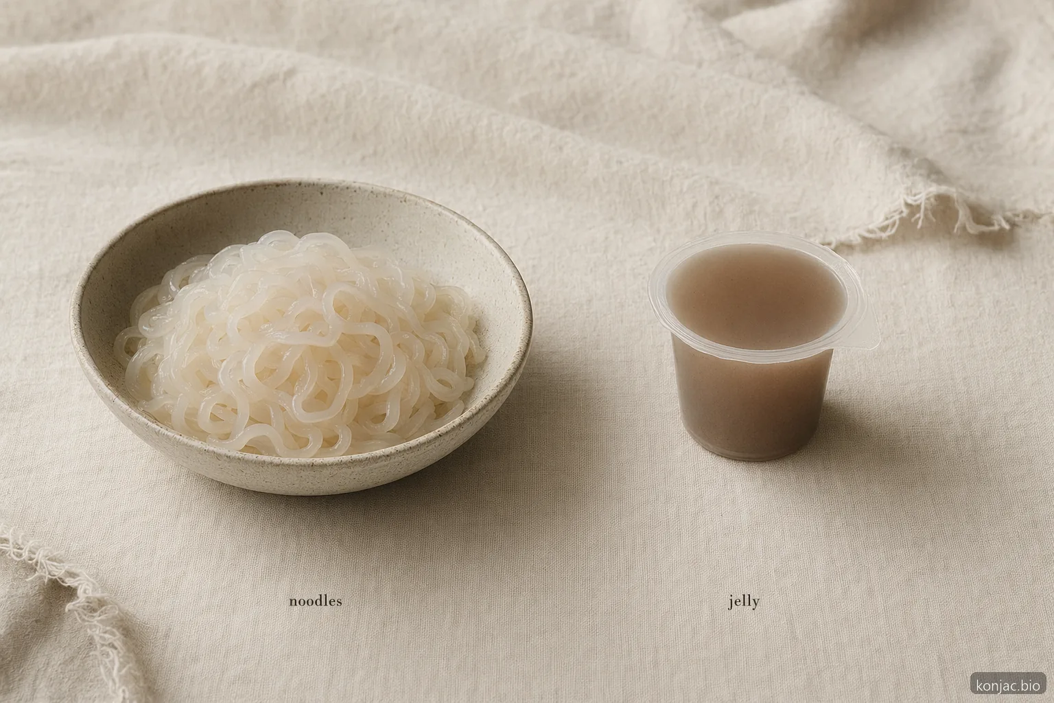 Confronto sul divieto dei noodles konjac: i noodles shirataki restano un alimento, mentre le gelatine konjac in mini-coppetta sono state soggette a restrizioni.