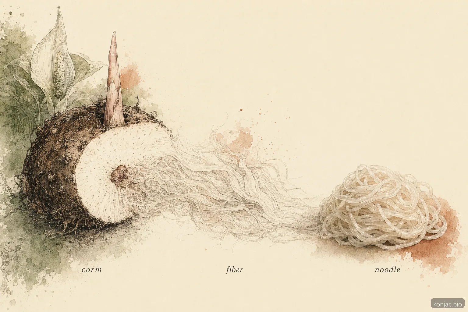 origine dei noodle di konjac spiegata dal cormo di konjac alla fibra glucomannan e al noodle finito in una semplice composizione botanica