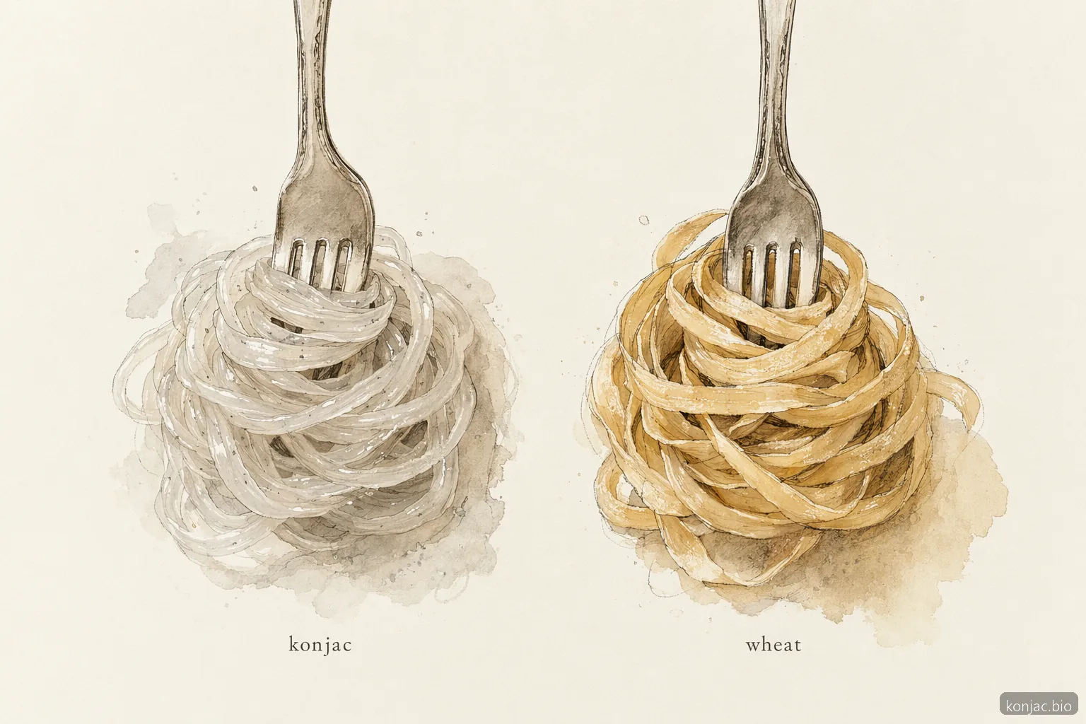Il confronto della pasta di konjac mostra che i noodles traslucidi di fibra differiscono dalla pasta dorata di frumento nella struttura.