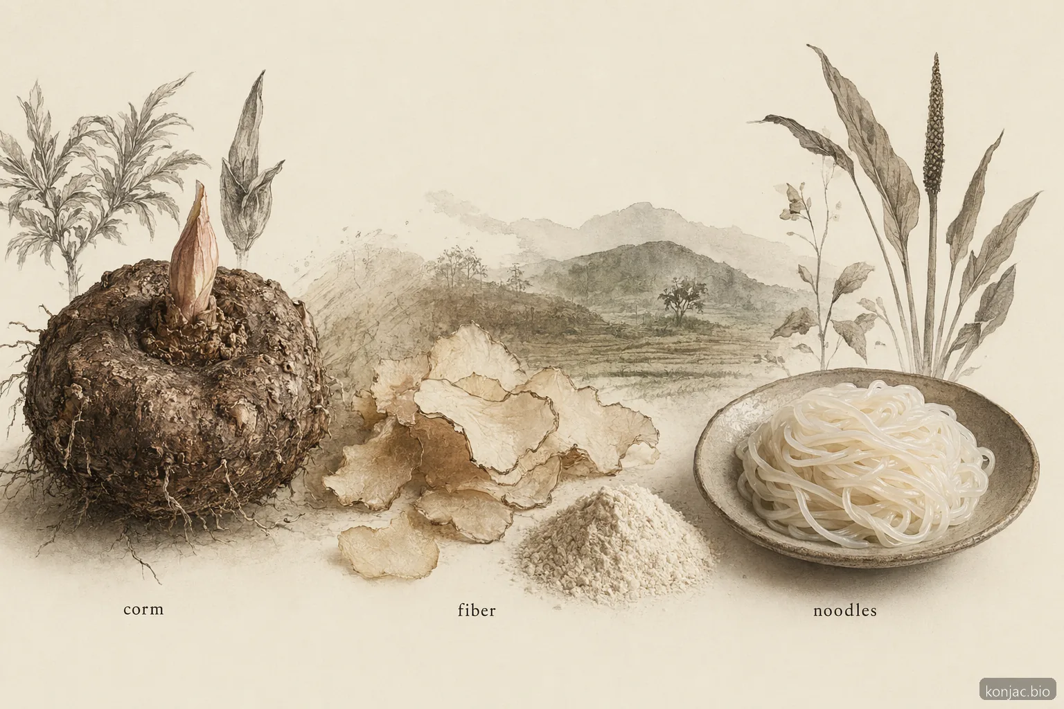 La pasta a base di konjac parte dal cormo di konjac; le fette essiccate diventano poi fibra di glucomannan per noodles.
