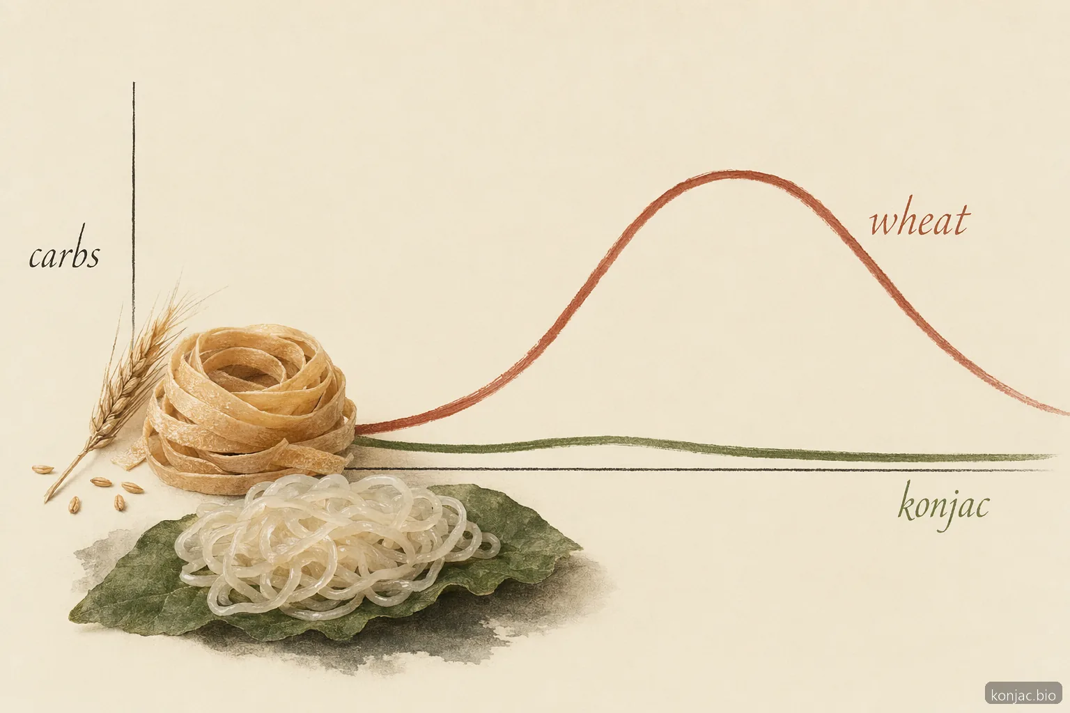 La pasta a base di konjac ha carboidrati digeribili molto bassi rispetto alla pasta di frumento, mostrati da una semplice curva crescente.