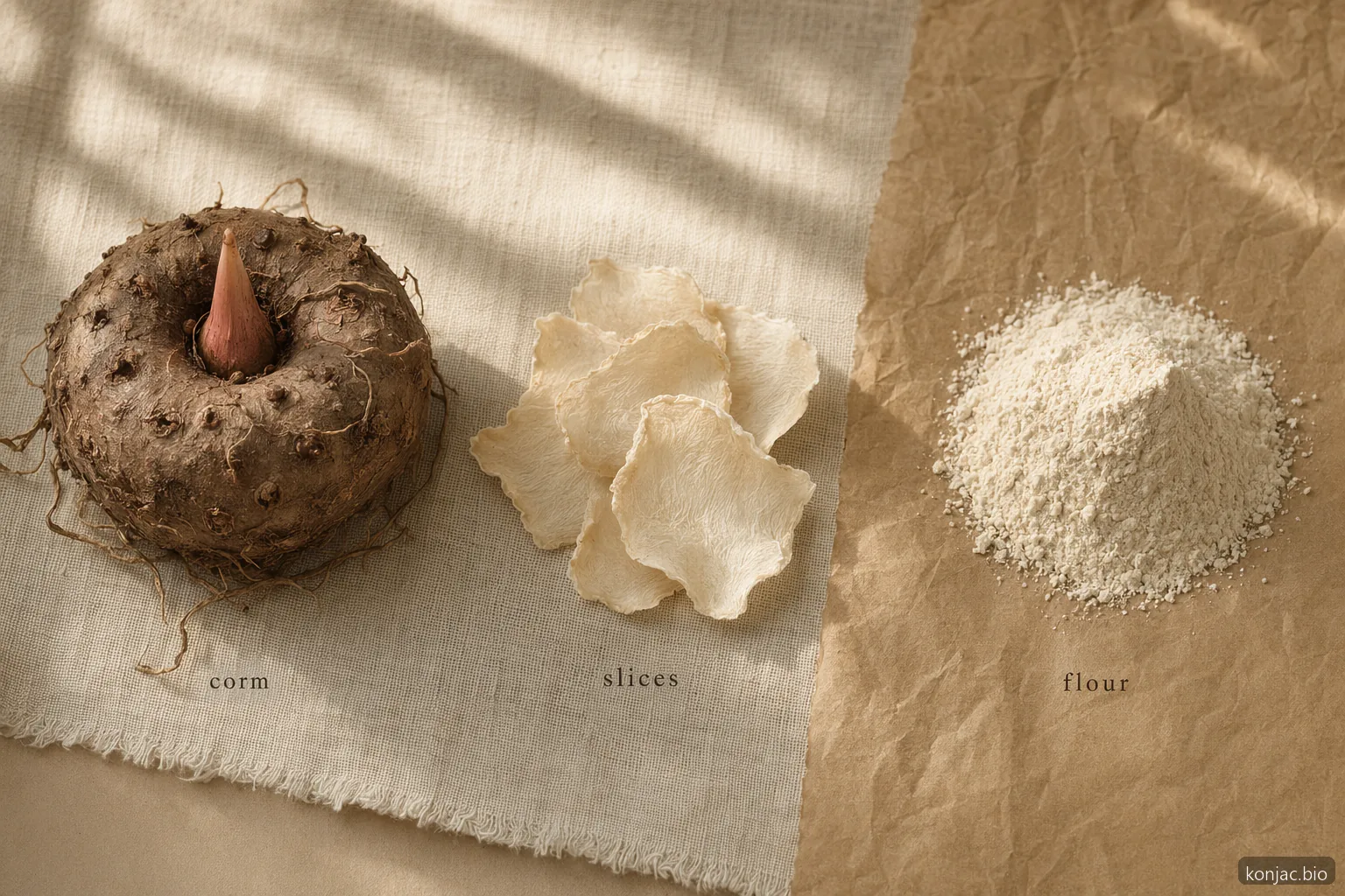 still life della lavorazione della radice della pianta di konjac con cormo, fette essiccate e farina come percorso verso gli alimenti a base di konjac