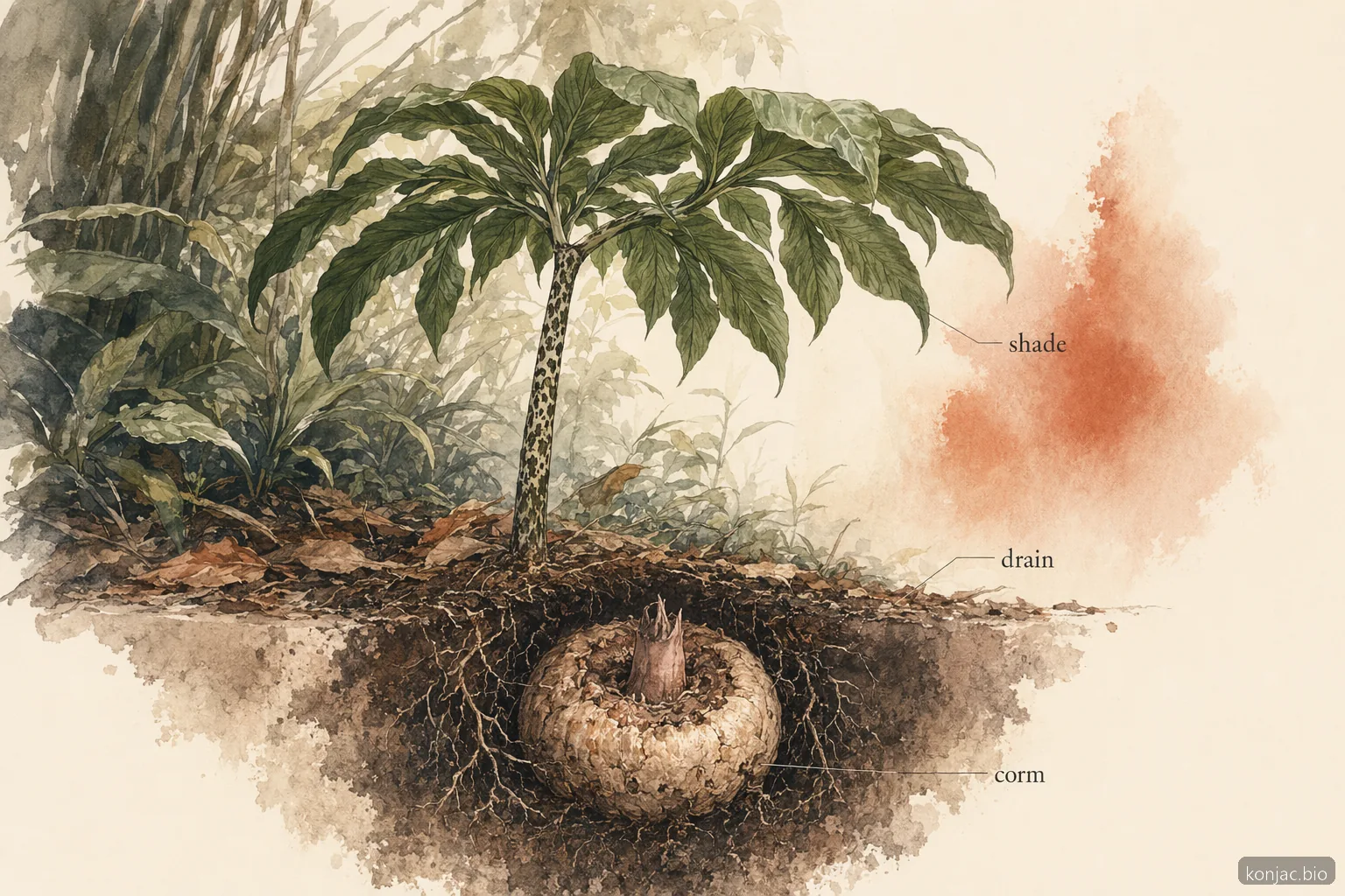 Le piante di konjac crescono meglio in ombra calda, con terreno drenante e un cormo sotterraneo che immagazzina amido.