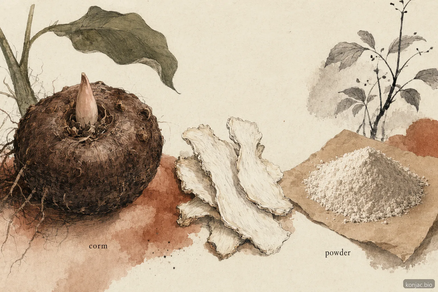 la lavorazione della radice di konjac trasforma il cormo in fettine essiccate e polvere fine di glucomannan per alimenti e integratori