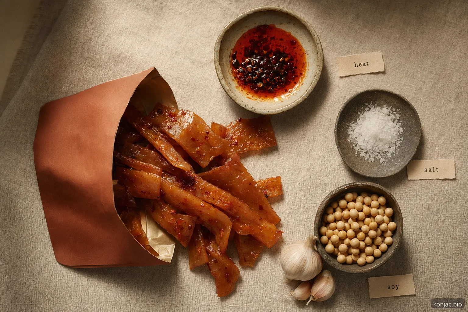 still life degli ingredienti di konjac shuang che mostra calore, sale e soia come controlli chiave della confezione per lo snack quotidiano