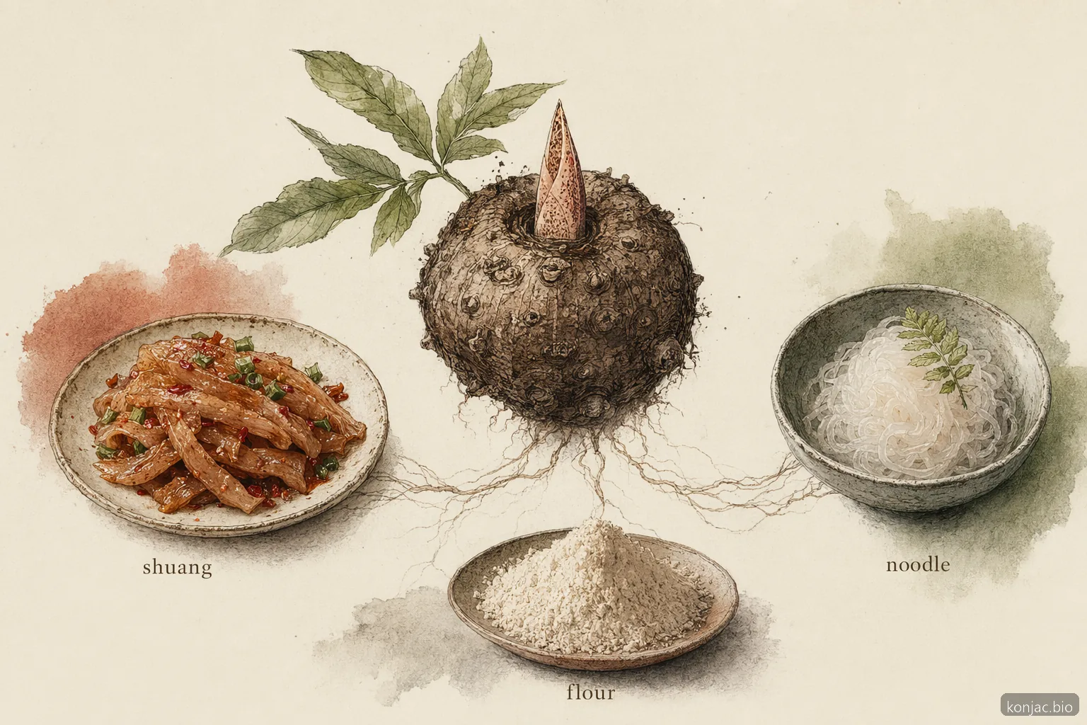 confronto di konjac shuang che mostra un cormo di konjac trasformarsi in strisce shuang, noodles shirataki e farina di konjac
