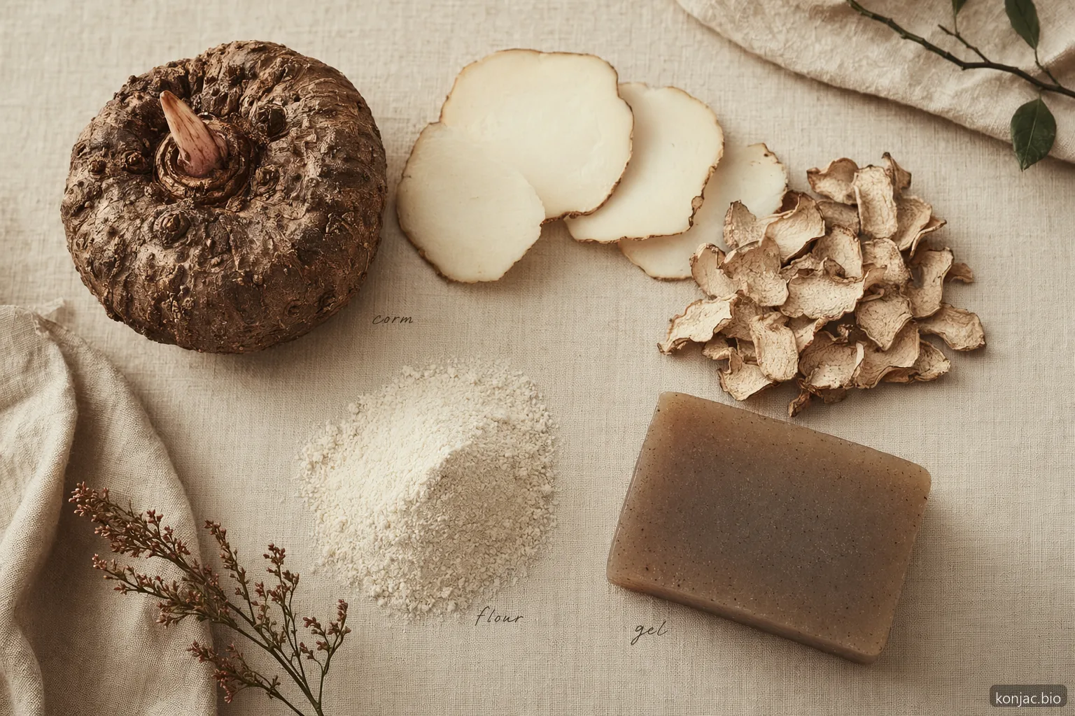 il konnyaku konjac parte da un cormo trasformato in farina, poi idratato e gelificato in un gel da cucina compatto
