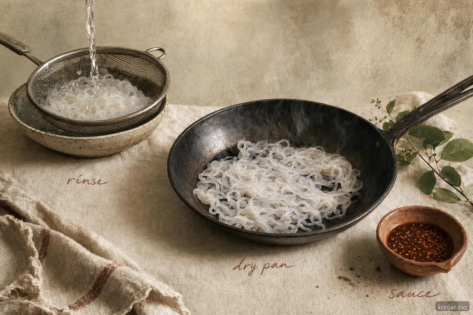 Metodo in padella a secco per ricette con konjac: shirataki risciacquati, padella calda e salsa aggiunta solo dopo l’evaporazione dell’umidità