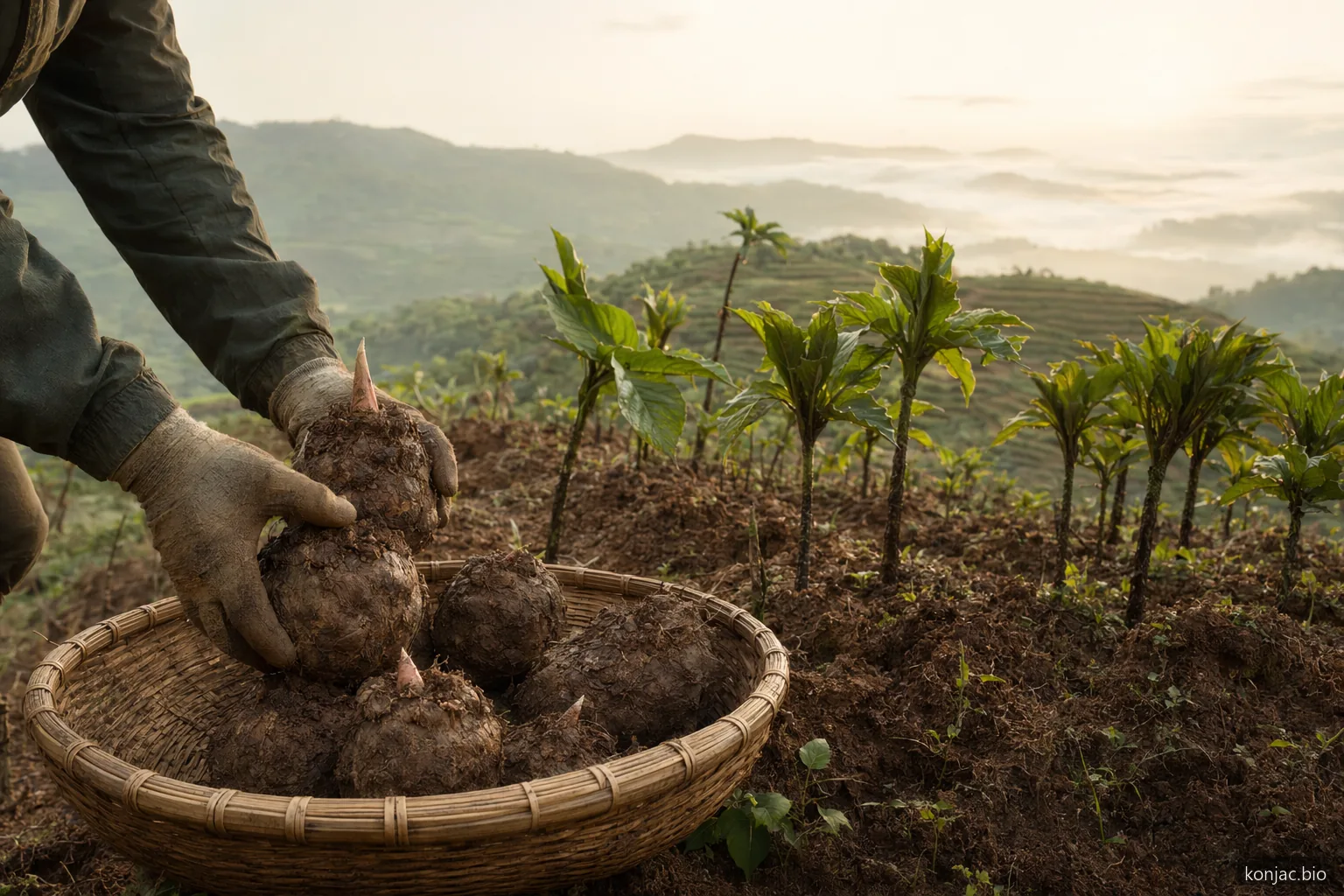 Scena d’origine per ricette con konjac: cormi di Amorphophallus konjac raccolti da campi terrazzati per contestualizzare l’approvvigionamento