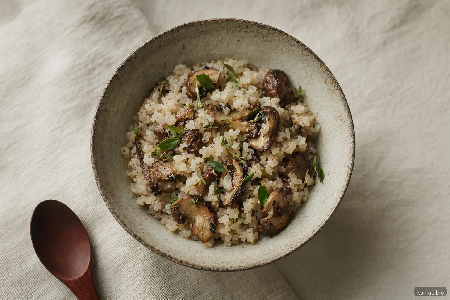 Applicazione finita di ricette con konjac: riso di konjac in una bowl equilibrata, come sostituto pratico nella cucina quotidiana