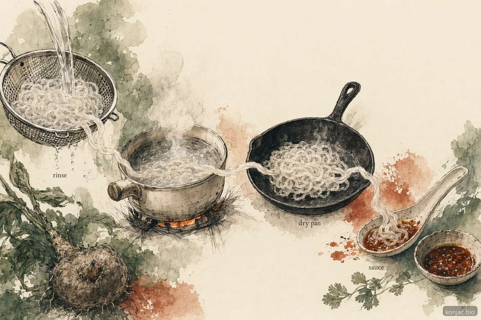 il metodo per cucinare i noodles shirataki mostra risciacquo, bollitura, asciugatura in padella a secco e poi salsa per un aroma più pulito e un morso più sodo