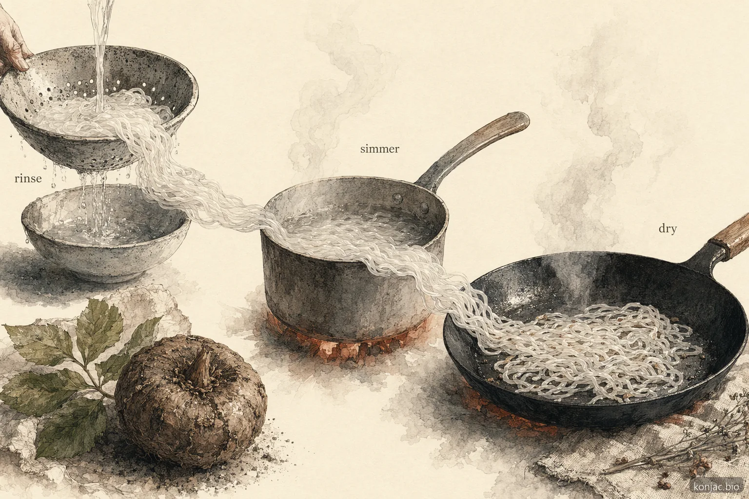 come cucinare con noodles shirataki: sciacquare, sobbollire, poi asciugare in padella a secco fino a un leggero scricchiolio per un aroma più pulito e una texture migliore