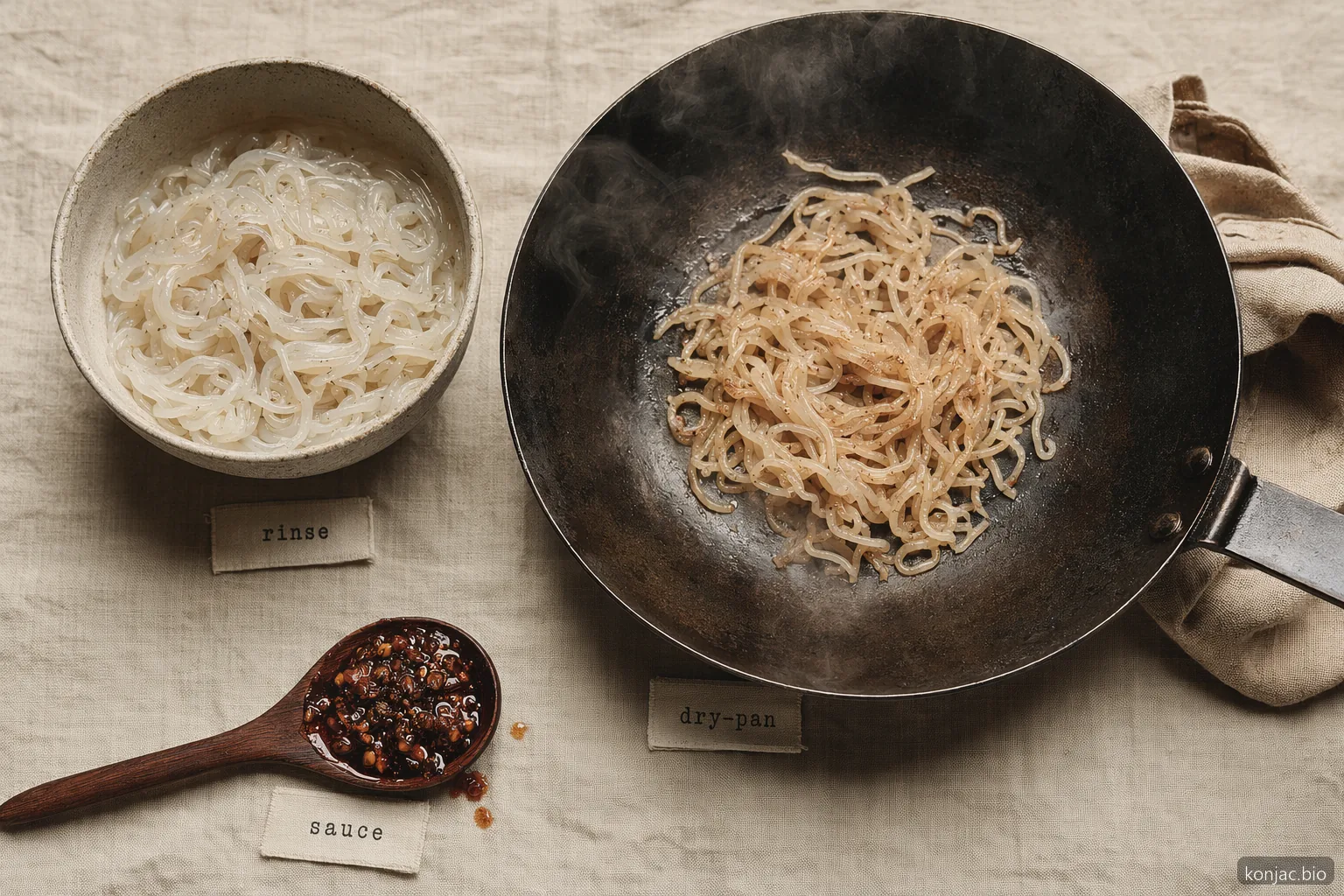 Still life di preparazione per ricette con noodles di konjac che mostra risciacquo, asciugatura in padella a secco e salsa come passaggi chiave prima della cottura